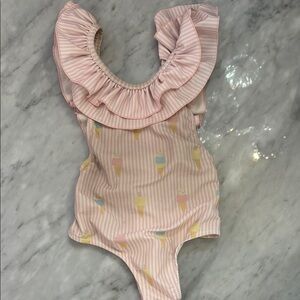 Pink Striped Ruffle Swimsuit, Sal and Pimenta brand